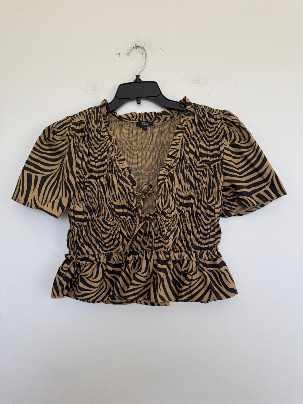 Rails Tan and Black Zebra-Print Tie Front Peplum Top